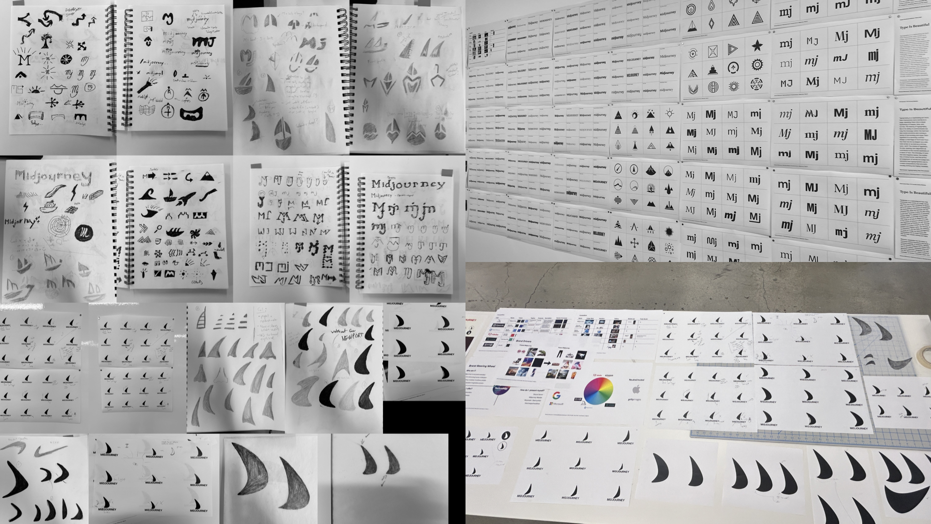 An exhaustive identity exploration of logo refinement through paper and digital sketches.