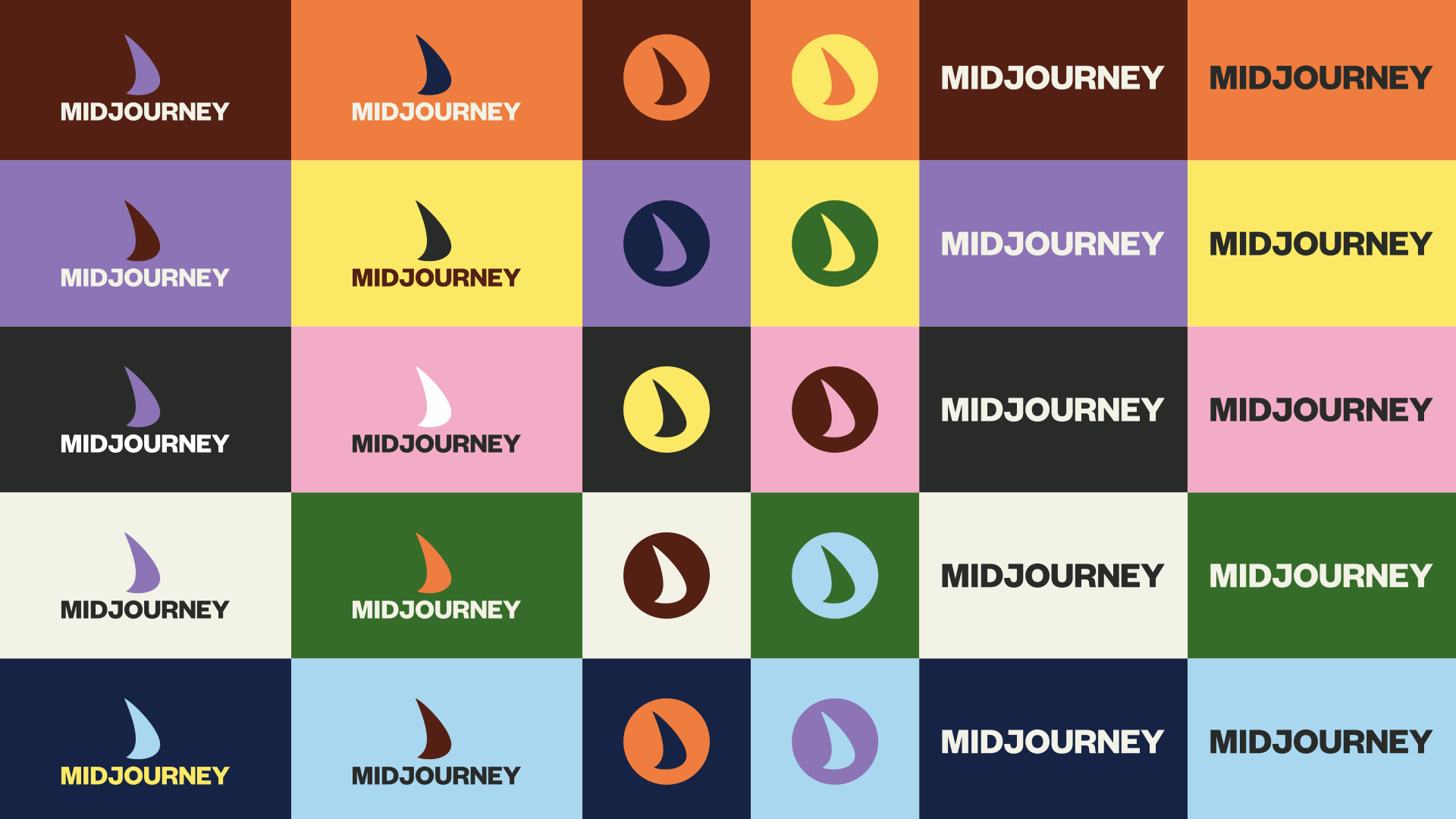 Logo family expressed through all visual identity colors: vertical lockup, icon, wordmark.